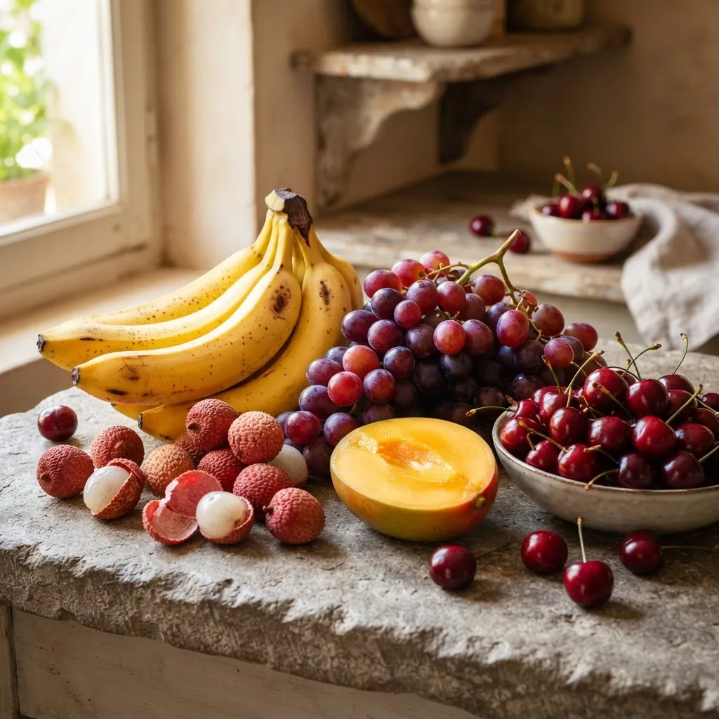 A vibrant, clear photograph of a selection of fruits known to be high in sugar and potentially bad for blood pressure, such as bananas,