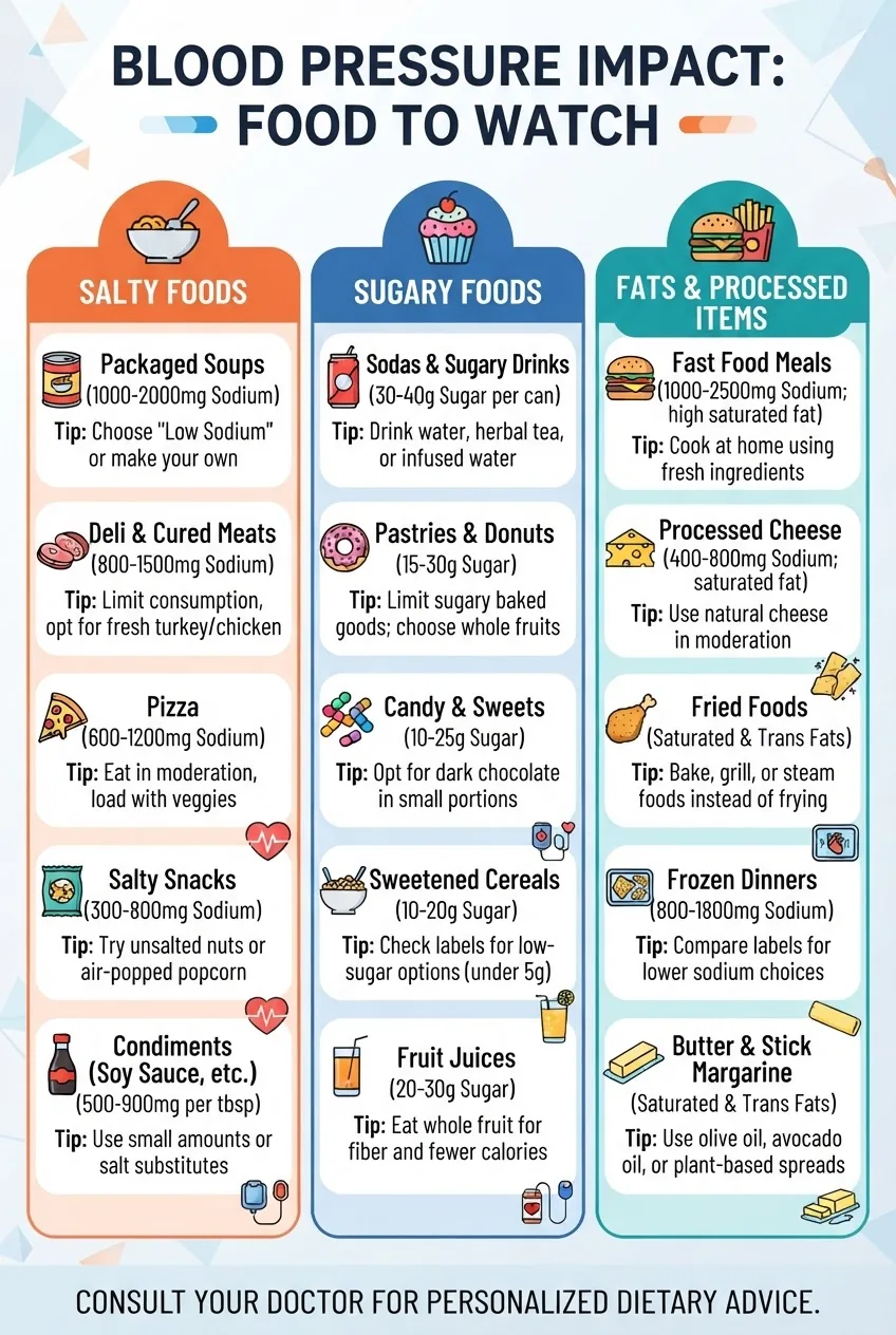An infographic with three columns labeled “Salty Foods,” “Sugary Foods,” and “Fats & Processed Items.” Each column shows 5 items with