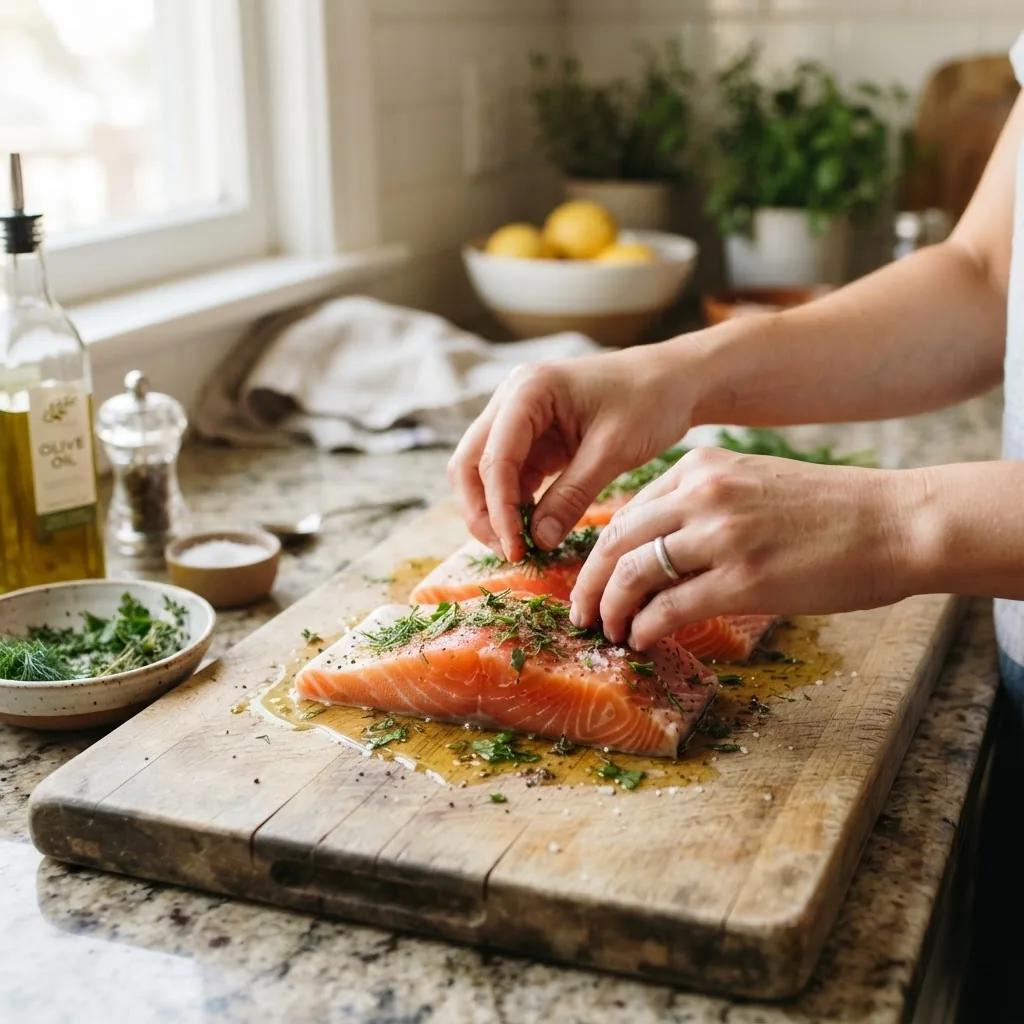 Close-up image of a kitchen scene with hands preparing salmon fillets with olive oil and herbs on a wooden cutting board, bright natural