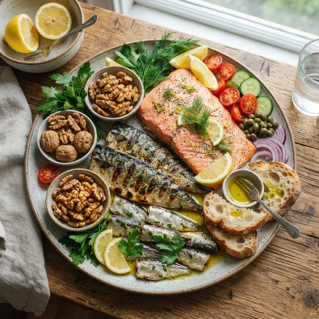 A vibrant overhead shot of a well-arranged seafood platter featuring salmon, mackerel, sardines, and walnuts on a rustic table with natural