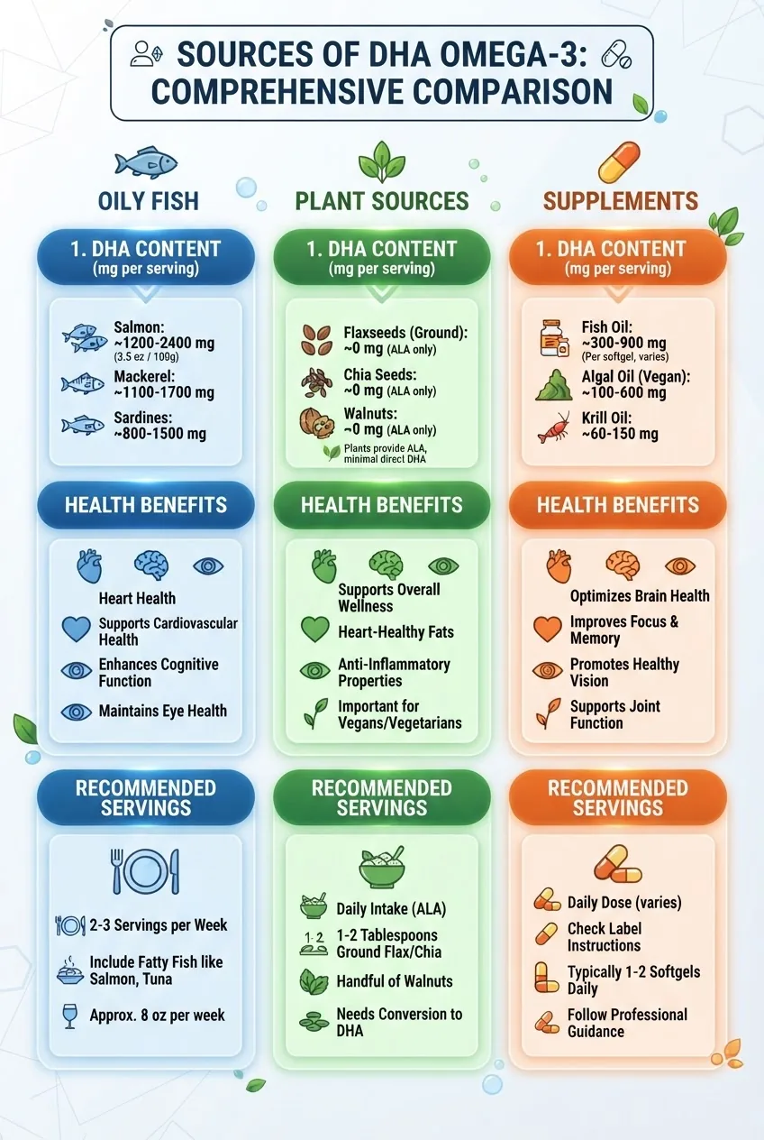 with three columns labeled “Oily Fish,” “Plant Sources,” and “Supplements,” each featuring icons and short stats showing DHA content (mg