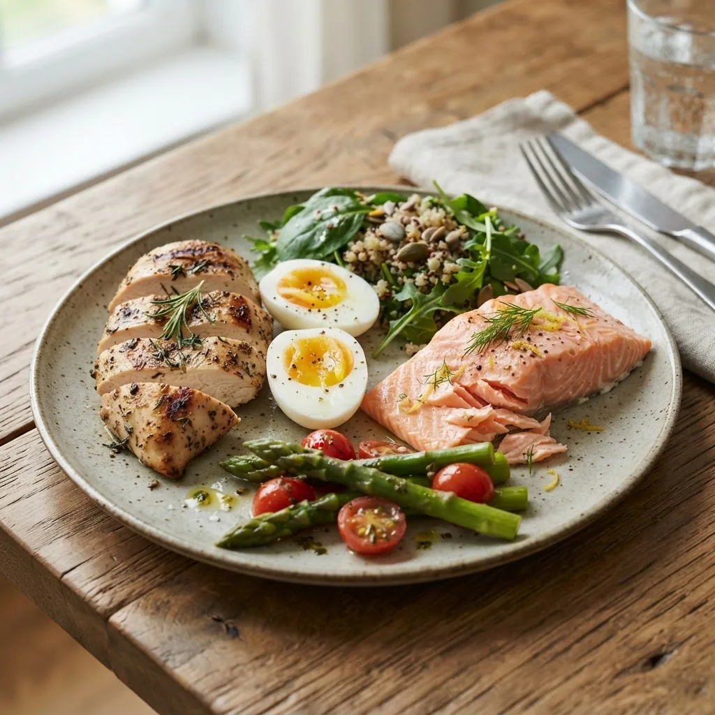 Close-up image of a healthy meal plate featuring lean grilled chicken breast, boiled eggs, and steamed salmon arranged on a wooden table