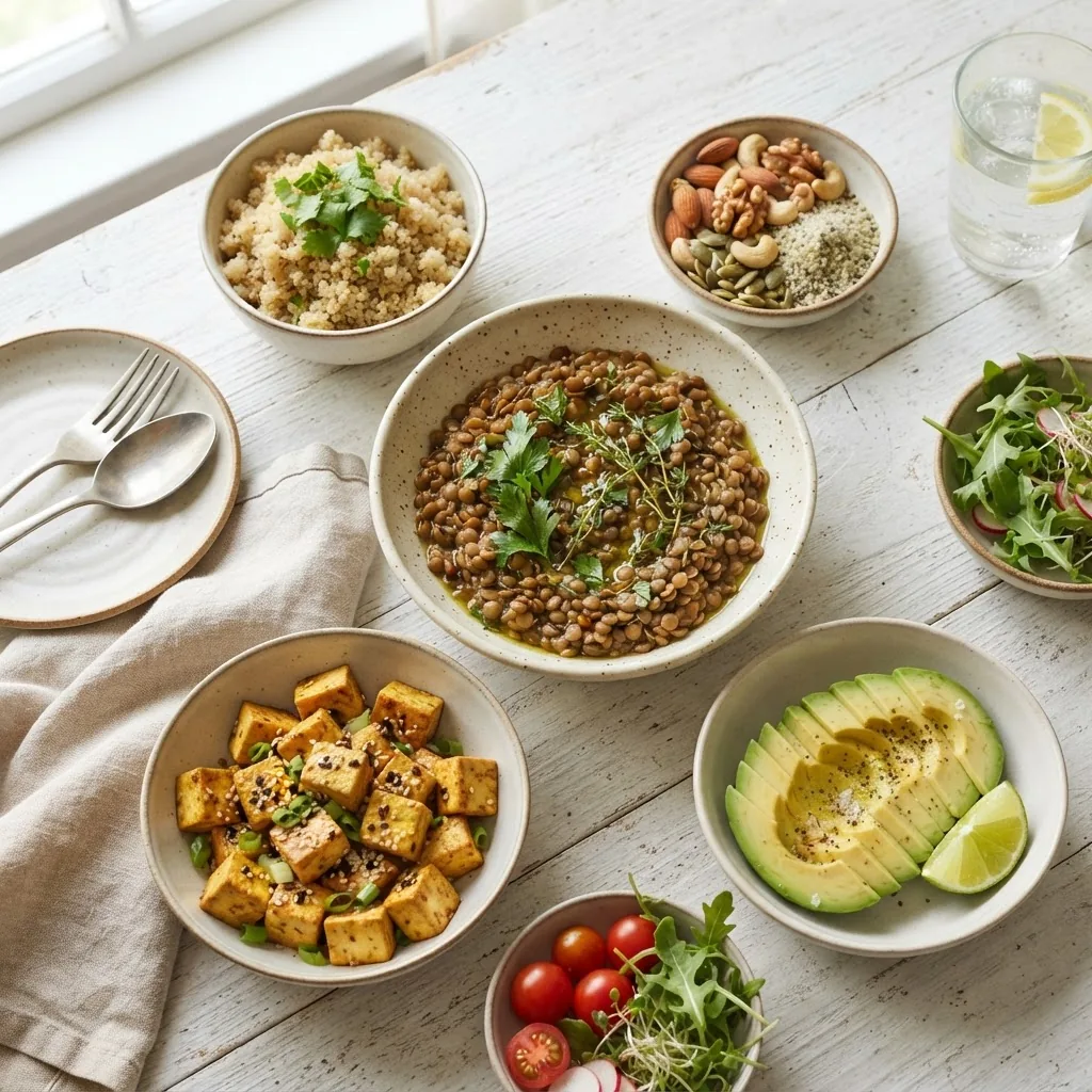 Bright, overhead shot of a colorful plant-based meal with bowls of cooked lentils, mixed nuts, quinoa, tofu cubes, and avocado slices on