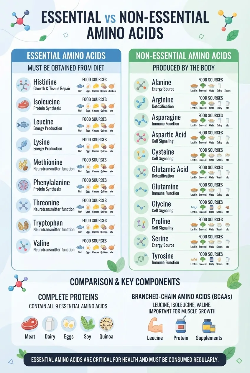 Infographic with two main columns labeled Essential and Non-Essential Amino Acids, each listing corresponding amino acids with simple