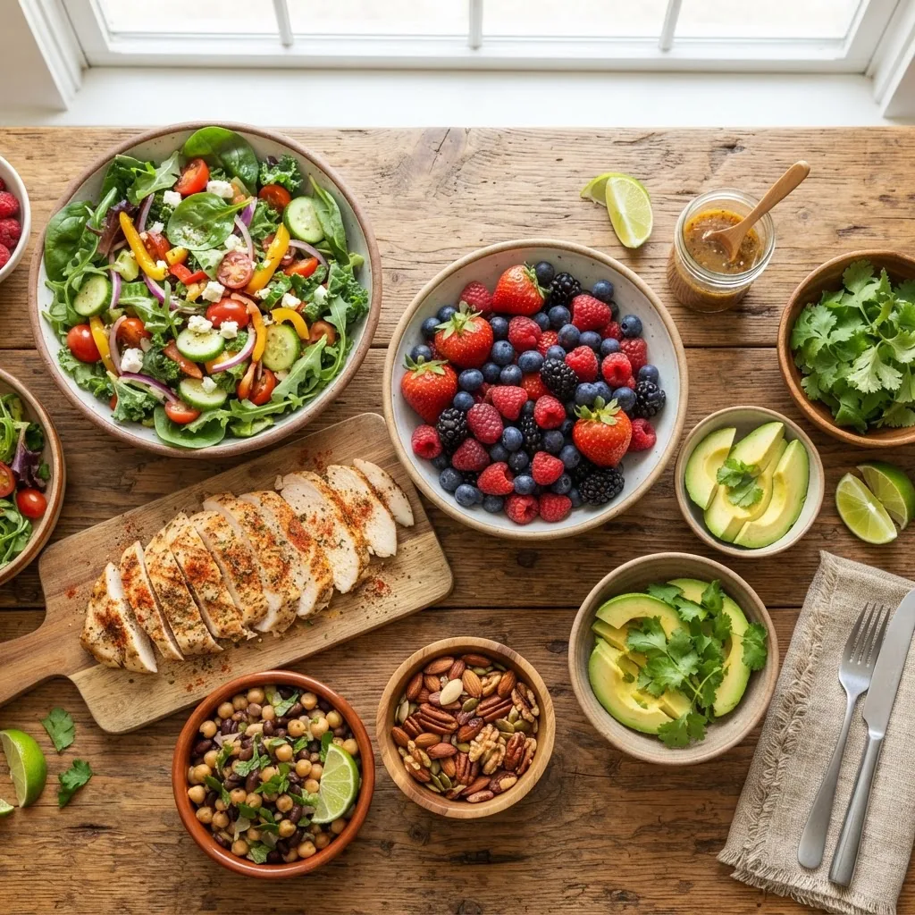 a colorful spread of low sugar foods including fresh berries, leafy greens, nuts, lean grilled chicken, and legumes on a rustic wooden