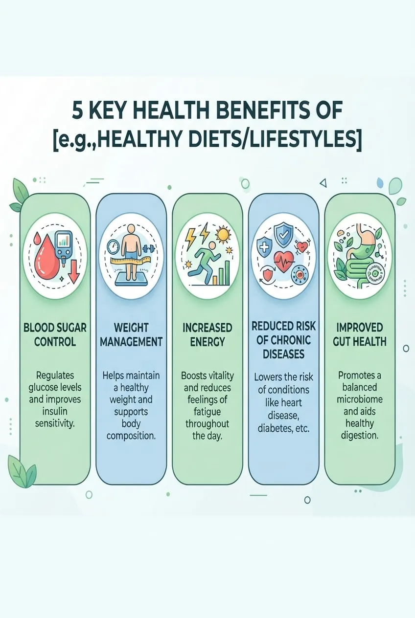 shows five vertical sections with icons and short text: blood sugar control, weight management, increased energy, reduced risk of chronic