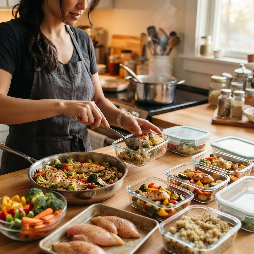 close-up of a meal prep session with raw ingredients and partially cooked healthy dishes being portioned into containers for freezing,