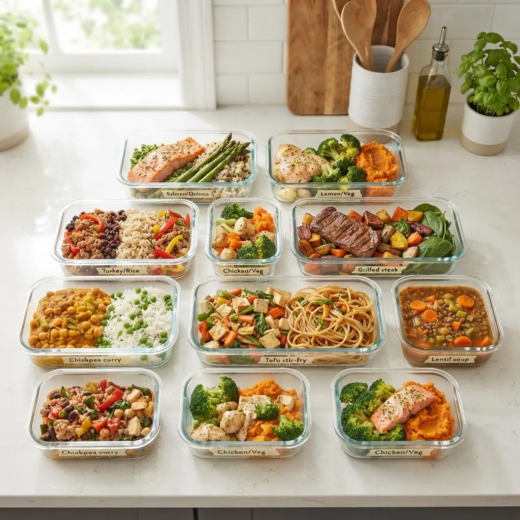 bright, clean kitchen countertop showing clear freezer-safe containers filled with colorful, healthy prepared meals, natural daylight,