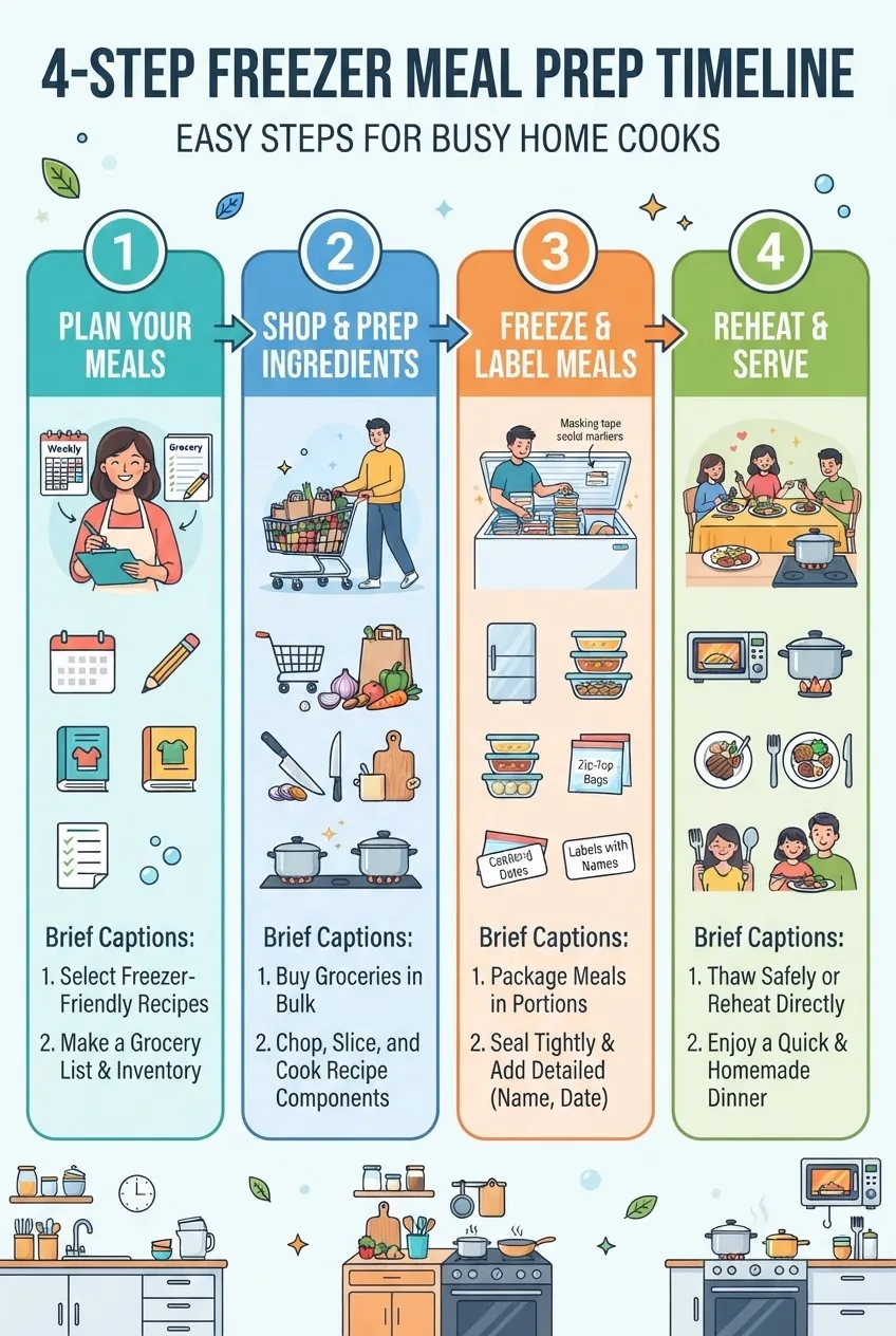 shows a 4-step freezer meal prep timeline: planning meals, shopping & prepping, freezing & labeling, reheating & serving; each step with