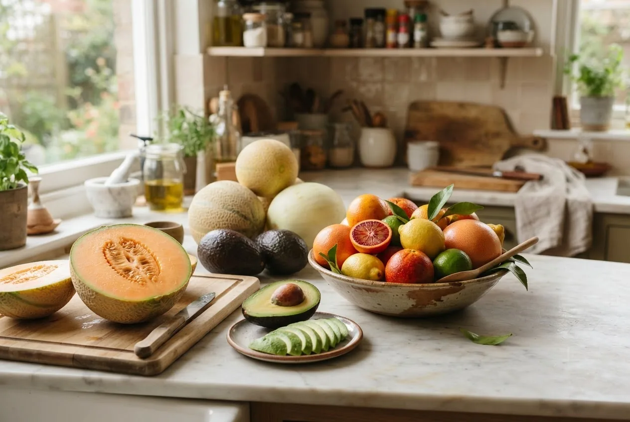 a kitchen counter with arranged melons, avocados and citrus fruits, showing one melon cut open, an avocado sliced, and a citrus bowl—clear