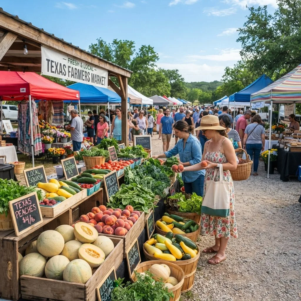 Outdoor farmers market in Texas with colorful seasonal fruits and vegetables displayed, sunny spring morning, shoppers browsing, baskets of