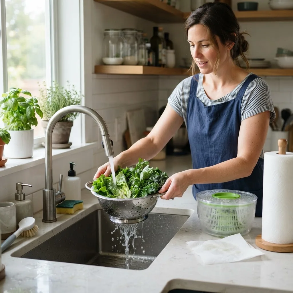 a person rinsing leafy greens in a stainless steel colander over a kitchen sink, a salad spinner and paper towels visible on the counter,