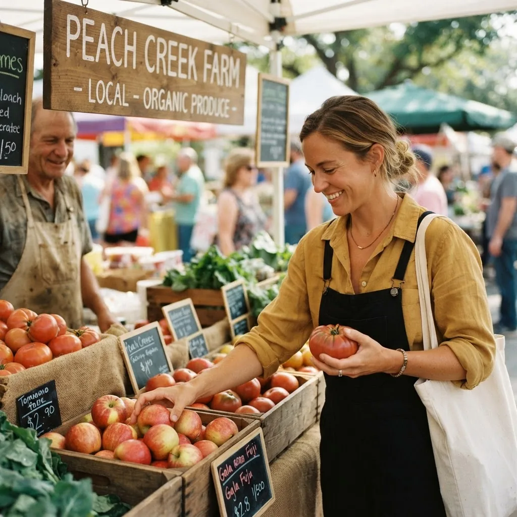 a grocery shopper inspecting apples and tomatoes at a farmers market stall, hands pressing fruit gently, with visible signage that reads