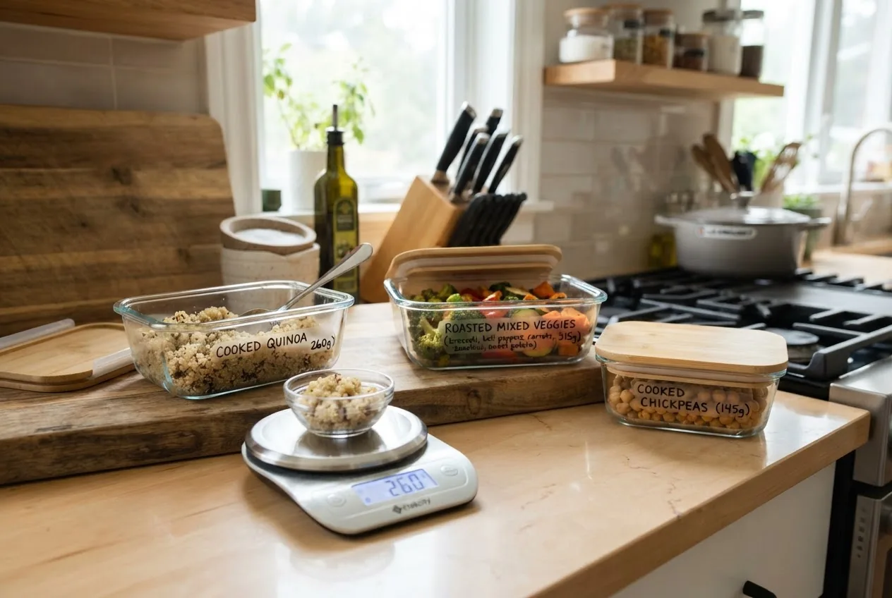 a kitchen counter with three labeled airtight containers holding cooked quinoa, roasted mixed vegetables, and cooked chickpeas, showing
