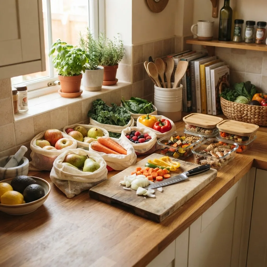 A well-organized kitchen countertop arranged with fresh seasonal fruits and vegetables in reusable produce bags, cutting board with meal