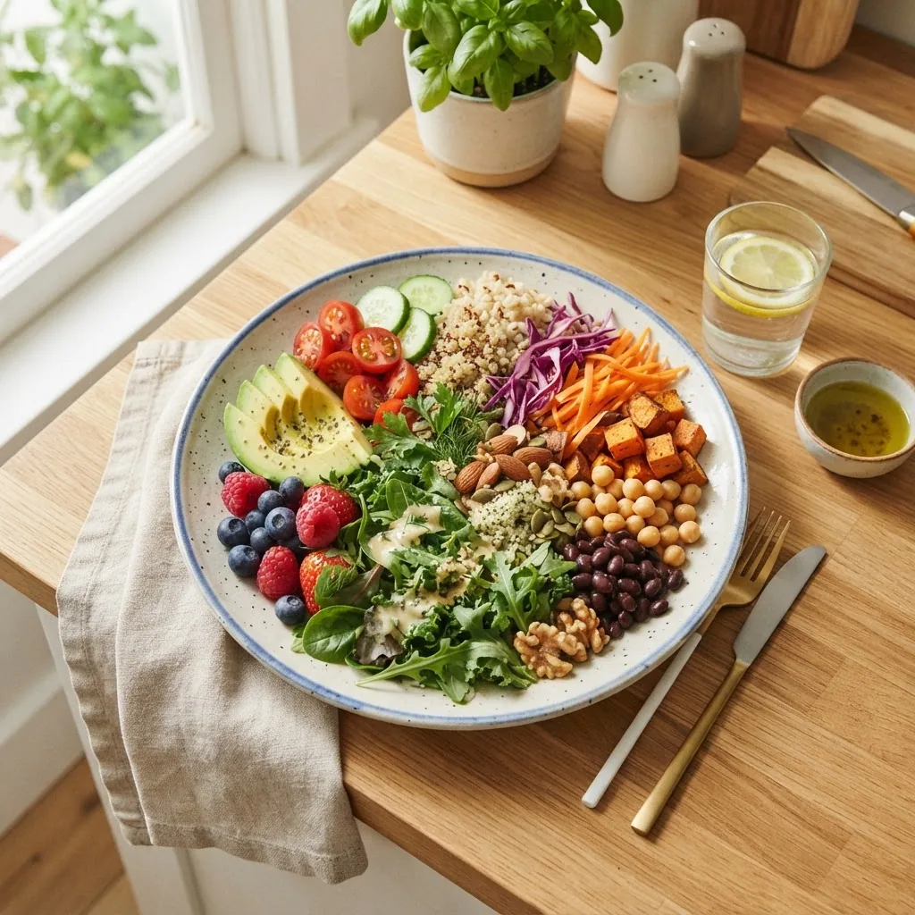 A vibrant overhead shot of a balanced plate featuring colorful fruits and vegetables including leafy greens, berries, sliced avocado, nuts,