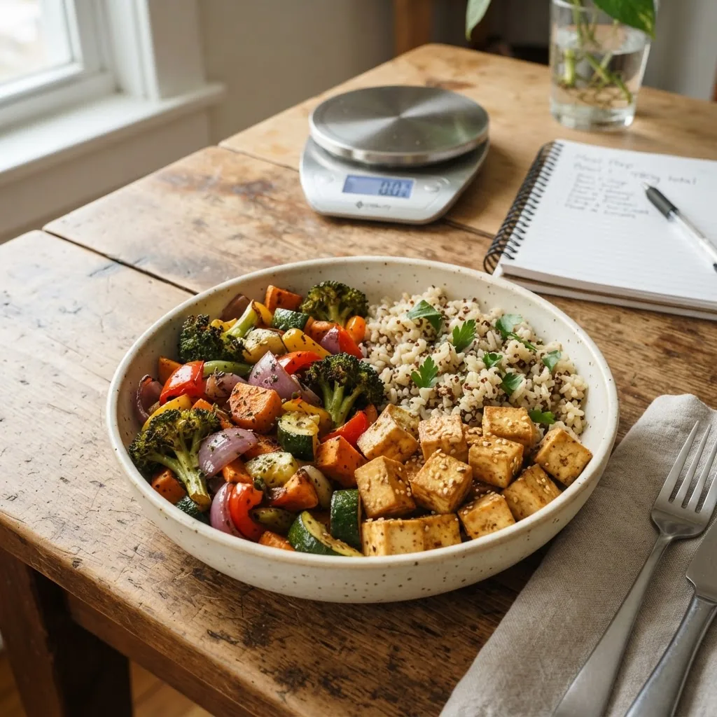 a balanced bowl placed on a wooden table showing half the bowl filled with roasted vegetables, a quarter with brown rice, and a quarter