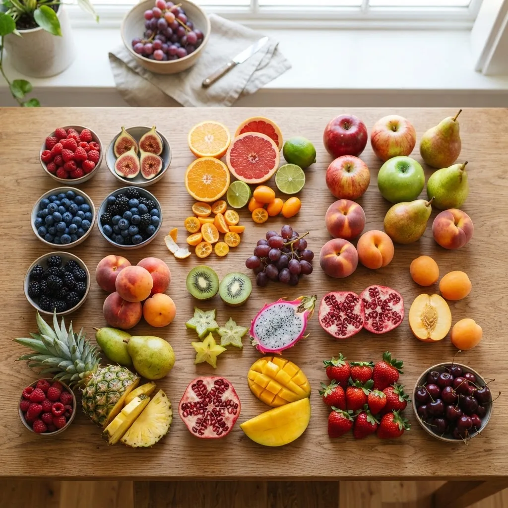 Overhead shot of a variety of fresh raw fruits arranged neatly on a wooden table, bright natural lighting, colorful and inviting display