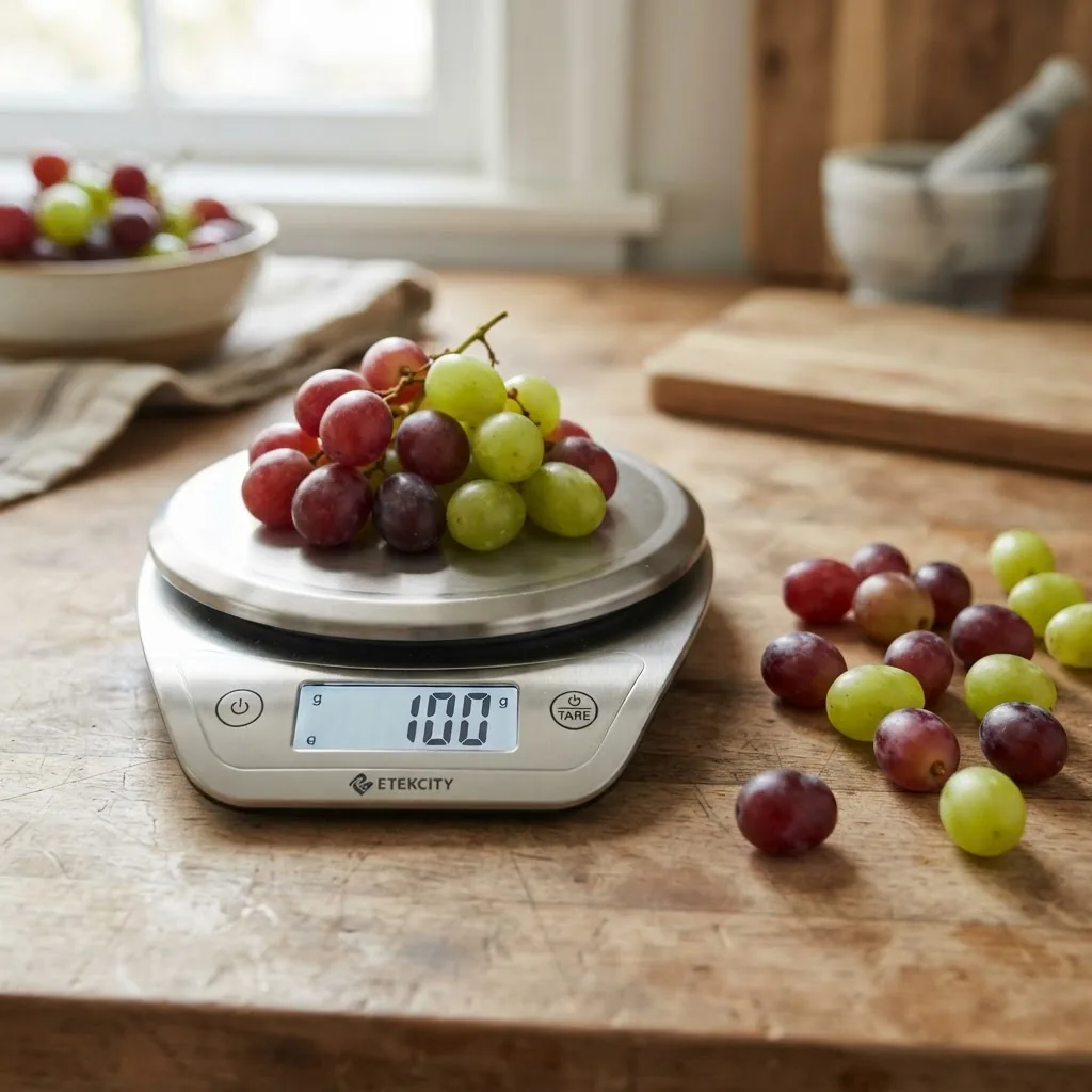 a small handful of red and green seedless grapes on a kitchen scale with visible numbers showing 100 g; include 15–20 loose grapes beside