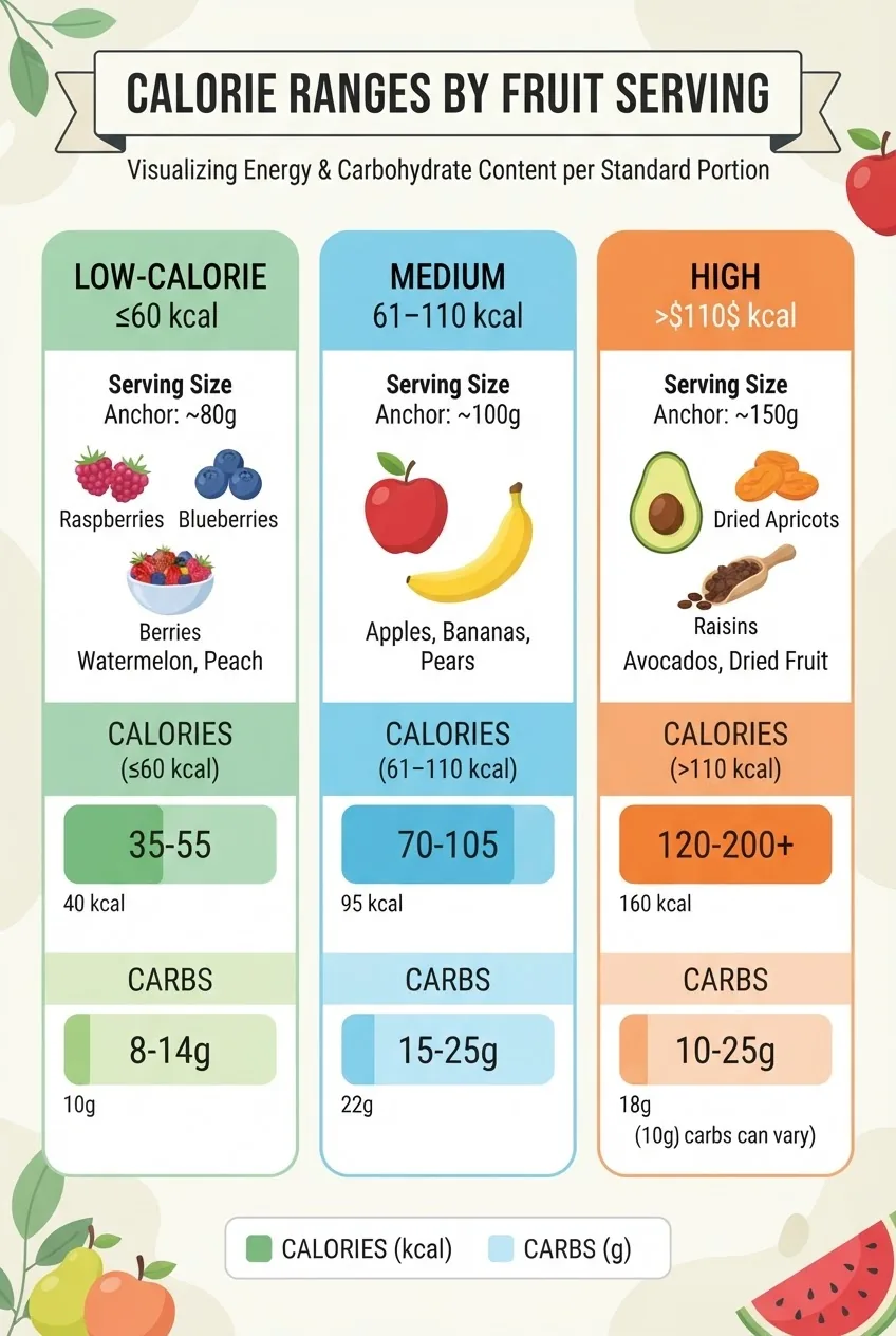 visualizes three serving ranges for fruit: low-calorie (≤60 kcal per serving), medium (61–110 kcal), high (>110 kcal). Show icons for