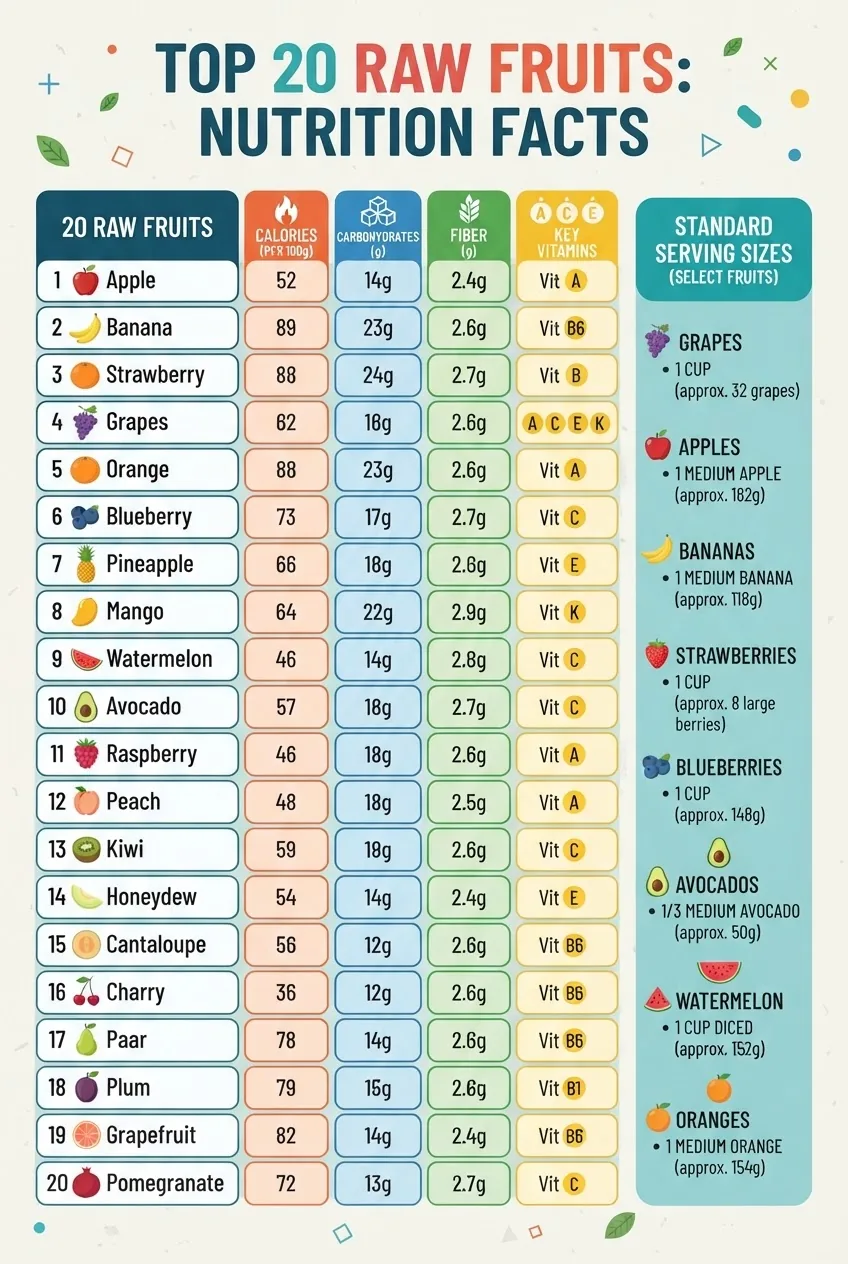 A comprehensive infographic featuring a tabular fruit chart listing top 20 raw fruits in left column, with columns for calories,