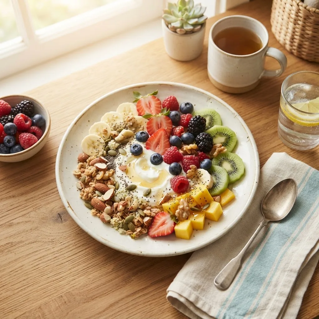 Overhead shot of a nutritious fruit diet meal plate featuring sliced fruits paired with nuts and yogurt on a bright kitchen countertop,