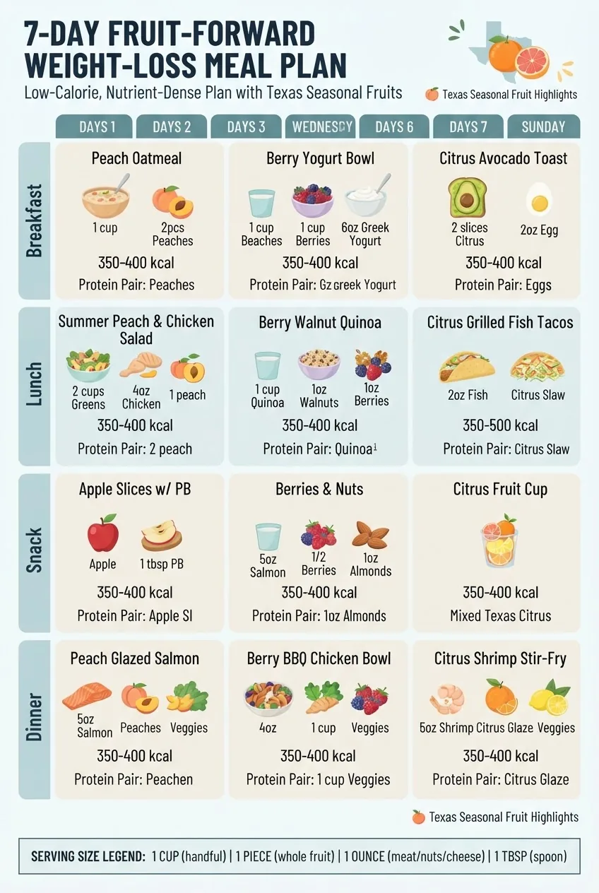 displays a 7-day fruit-forward weight-loss meal plan with four daily eating occasions (breakfast, lunch, snack, dinner); include caloric