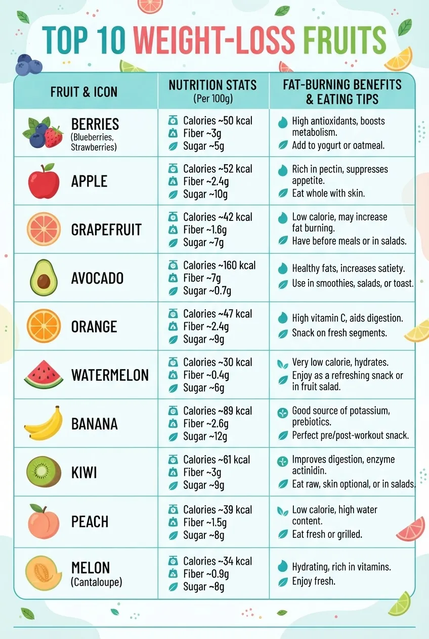 Infographic with a three-column layout: Column 1 lists top 10 weight-loss fruits with icons (berries, apple, grapefruit, etc.), Column 2