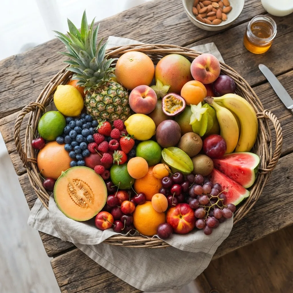 A vibrant farmer’s basket filled with a variety of common fruits including berries, citrus, tropical fruits, drupes, and melons, set on