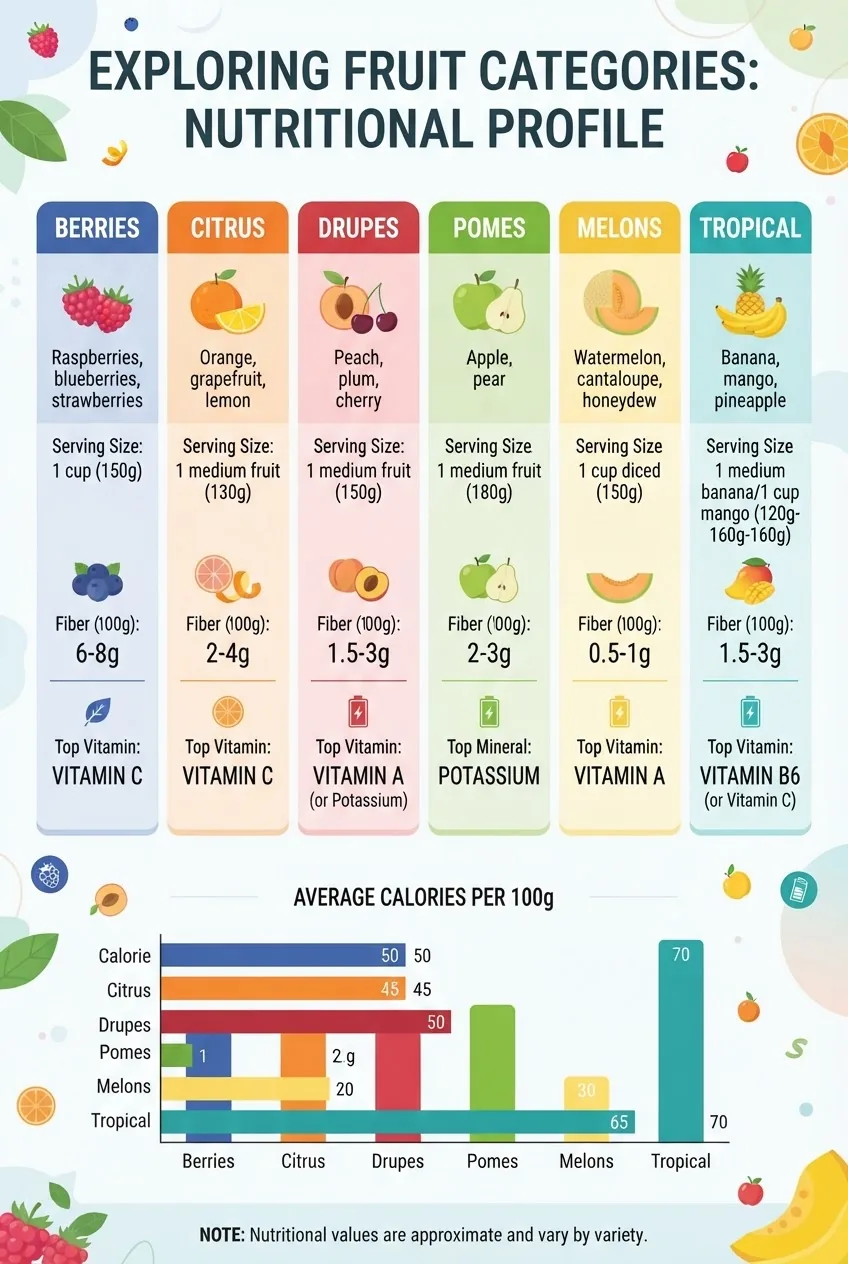 shows fruit categories (Berries, Citrus, Drupes, Pomes, Melons, Tropical), typical serving sizes, fiber range per 100g, and top vitamin or