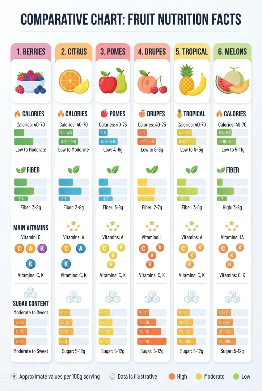 Infographic displaying a comparative chart of fruit categories (berries, citrus, pomes, drupes, tropical, melons) with icons, showing key