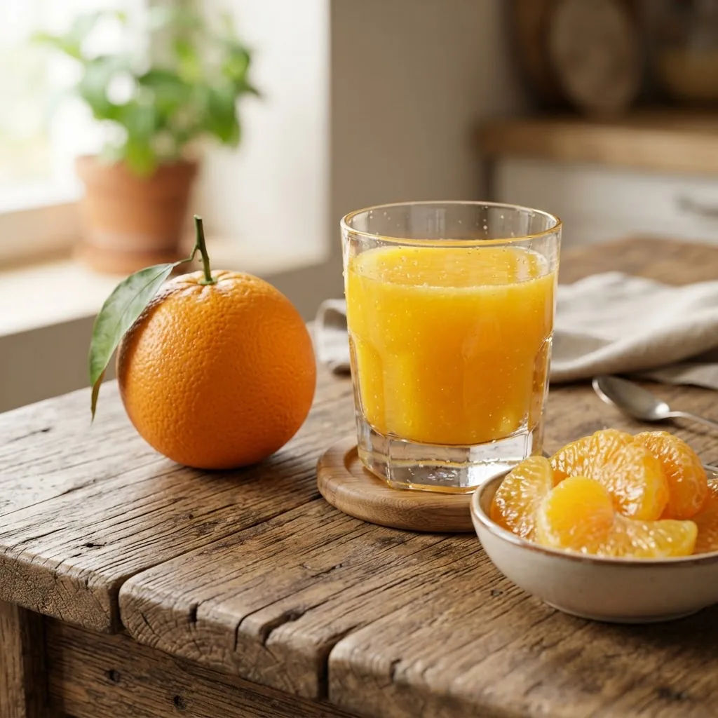 a fresh orange, a glass of orange juice, and peeled orange segments on a rustic wooden table with natural daylight, emphasizing vibrant