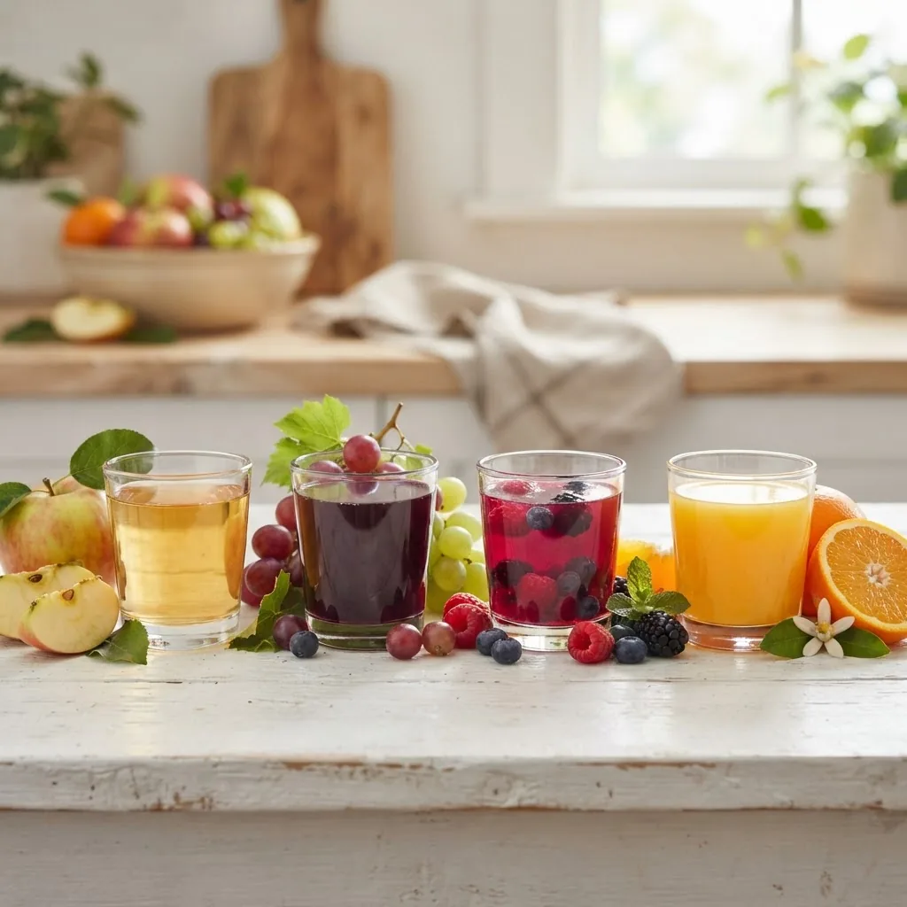 several small glasses filled with different fruit juices including apple, grape, berry, and orange on a white surface, with fresh