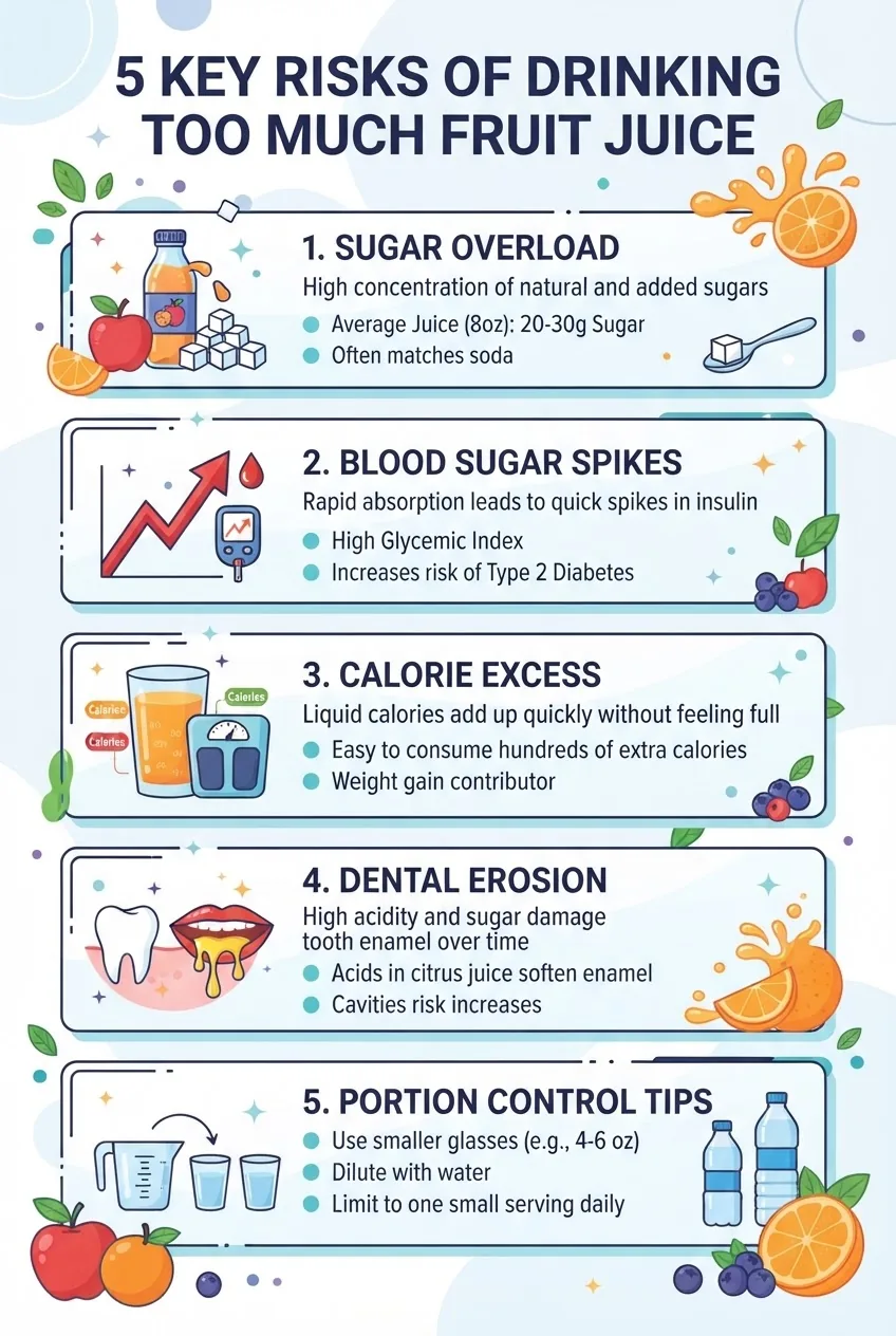 A clean, visually engaging infographic illustrating 5 key risks of drinking too much fruit juice: sugar overload, blood sugar spikes,