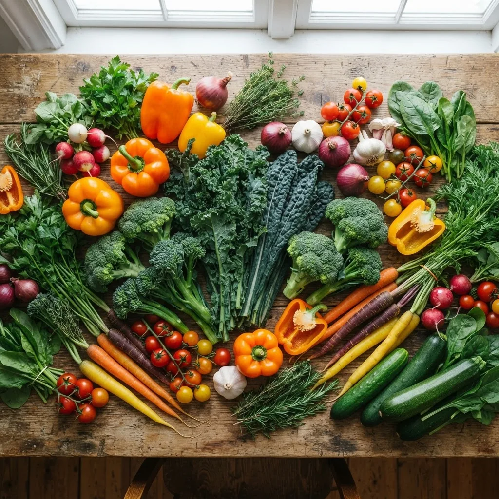A top-down shot of a diverse selection of fresh vegetables including kale, broccoli, carrots, and bell peppers arranged artistically on a