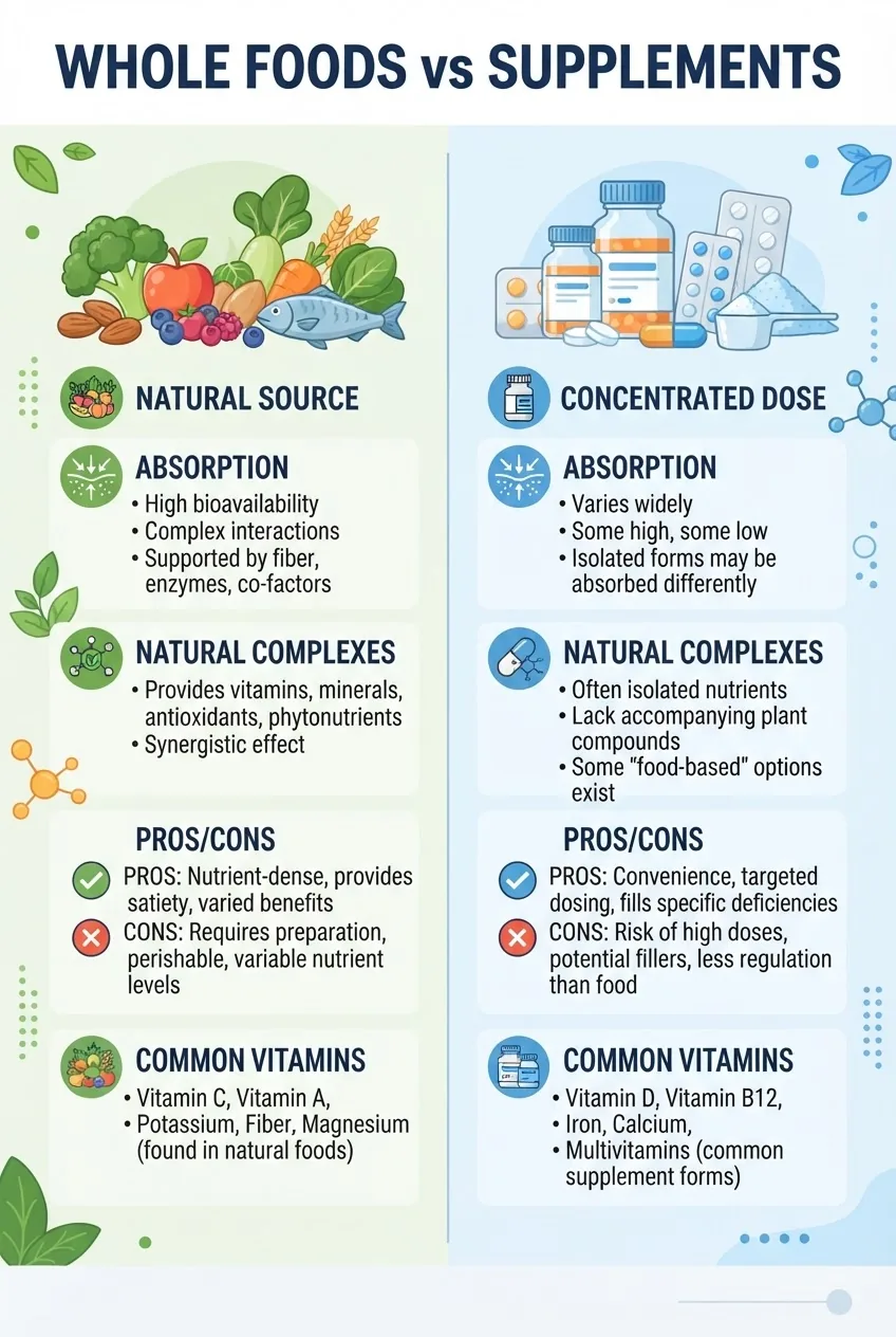 A clean infographic divided into two columns comparing “Whole Foods” and “Supplements,” each with icons representing fruits/veggies and