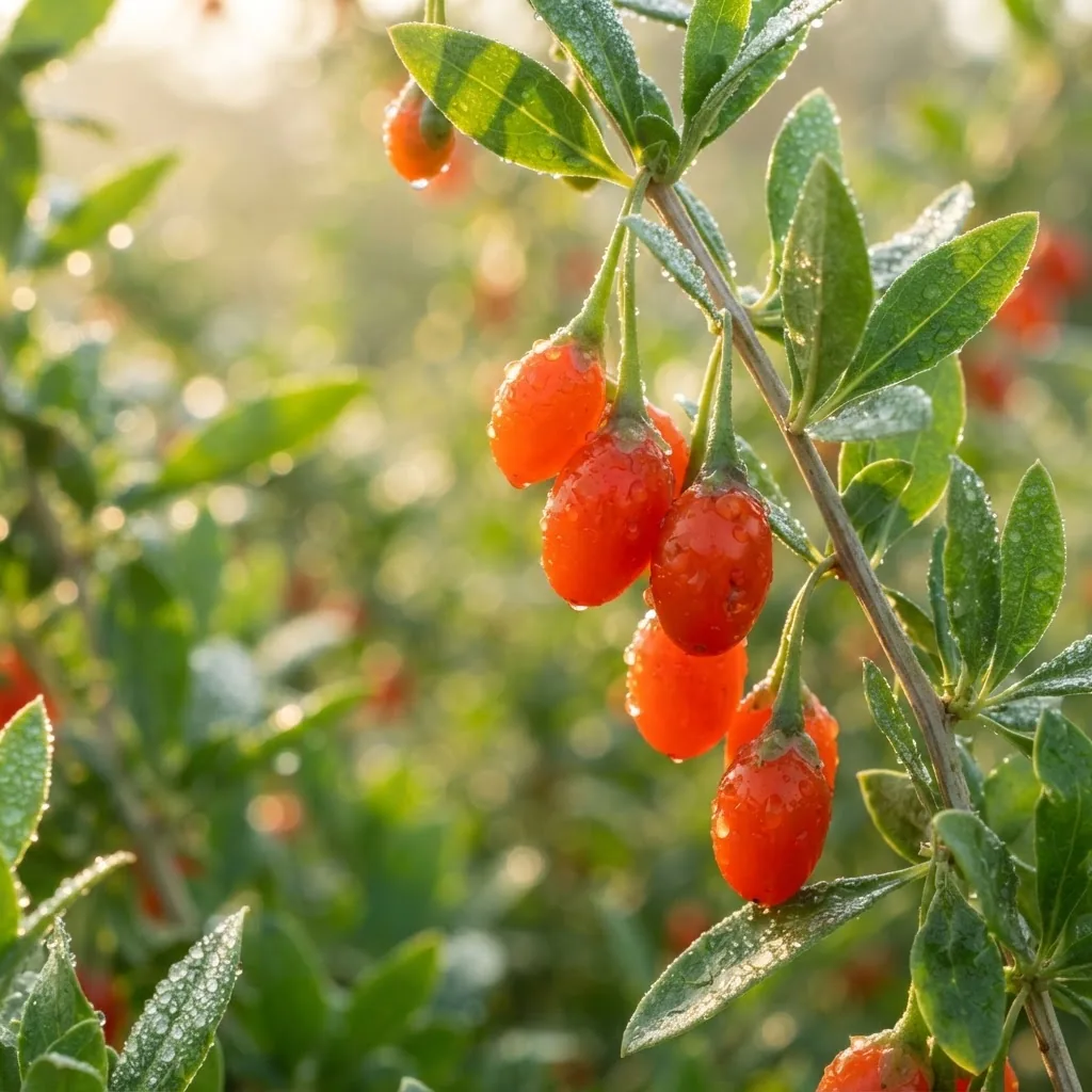 Close-up photo of ripe wolfberries (goji berries) on a green bush with morning sunlight and dew drops, sharp focus on berries showing