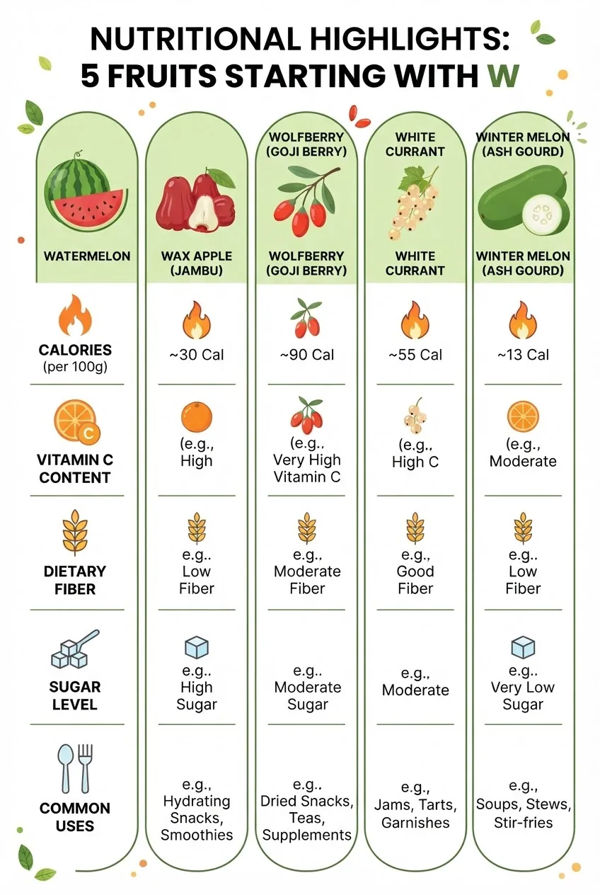 An infographic comparing nutritional highlights of 5 popular fruits starting with W (watermelon, wax apple, wolfberry, white currant,