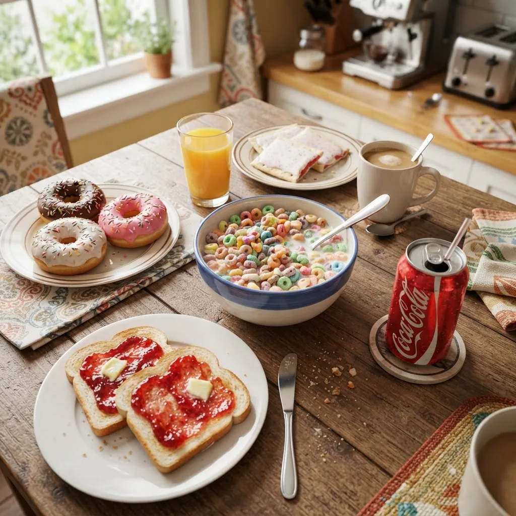 an overhead shot of a typical American breakfast table showing high glycemic index foods such as soda, donuts, white toast with jam, and a