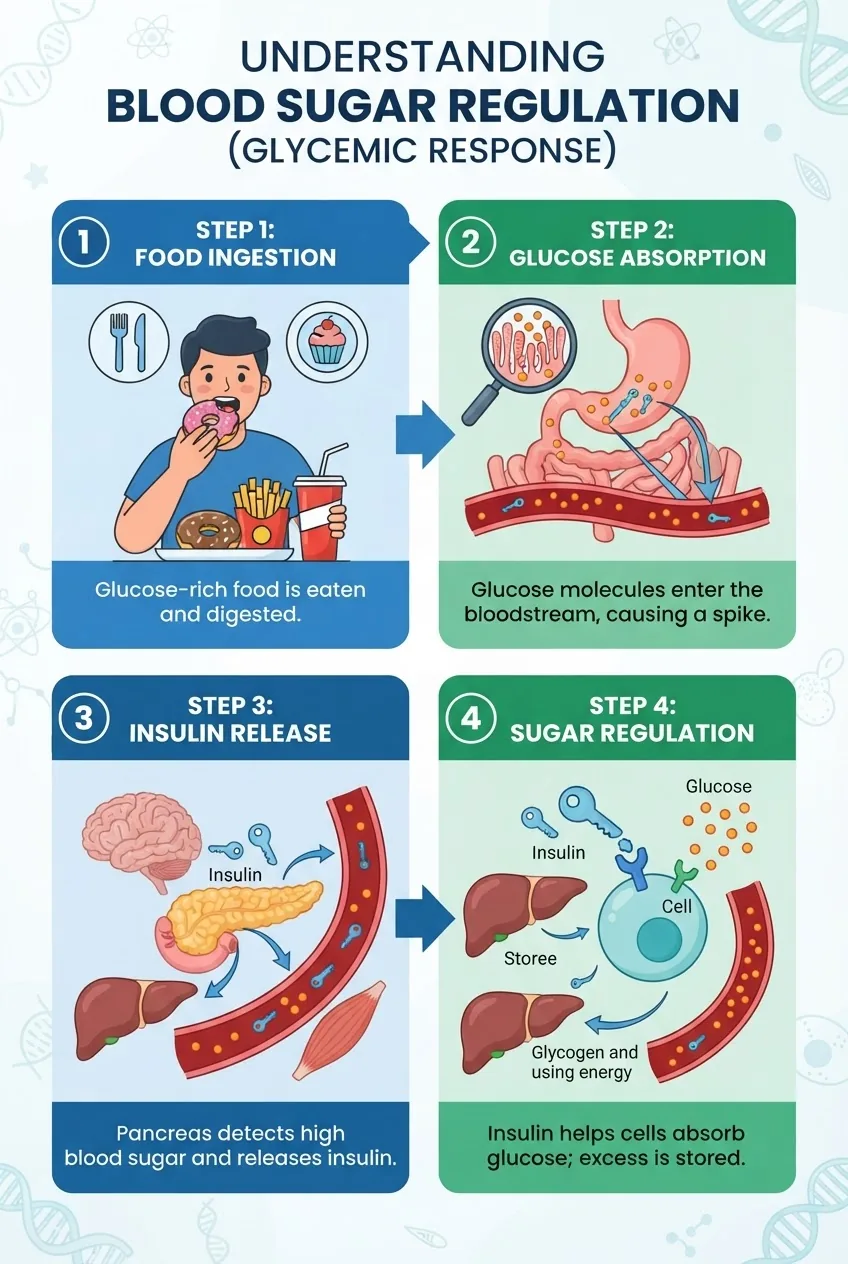 A four-step infographic visually explaining blood sugar spike mechanisms: step 1 showing ingestion of glucose-rich food; step 2 with