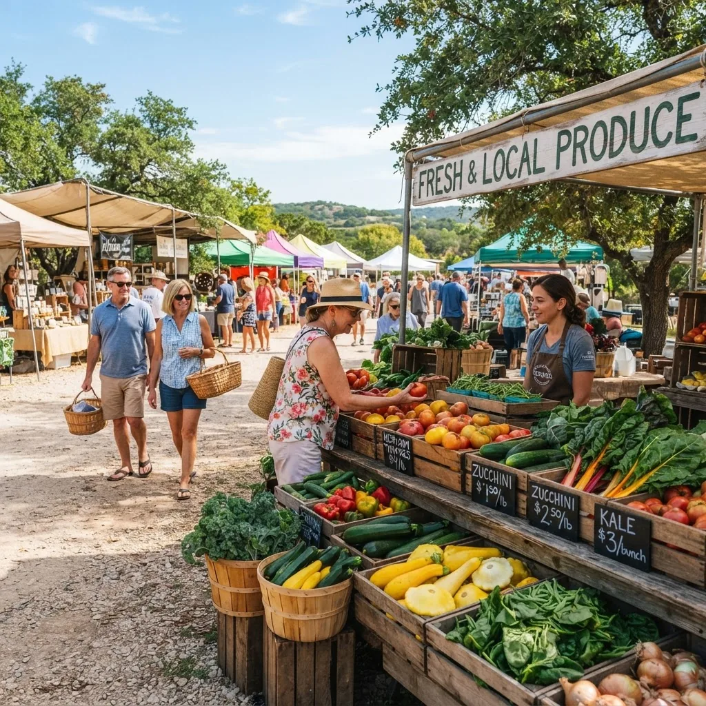 A scenic farmers market in Texas with stands displaying fresh seasonal vegetables like squash, tomatoes, and greens, captured in bright