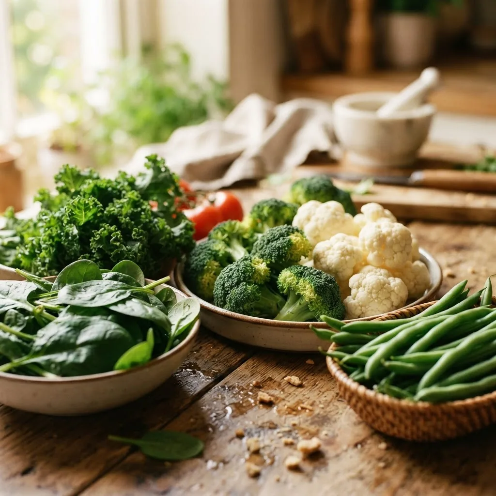 Fresh variety of diabetic-friendly vegetables (broccoli, spinach, kale, cauliflower, green beans) arranged on a rustic wooden kitchen table