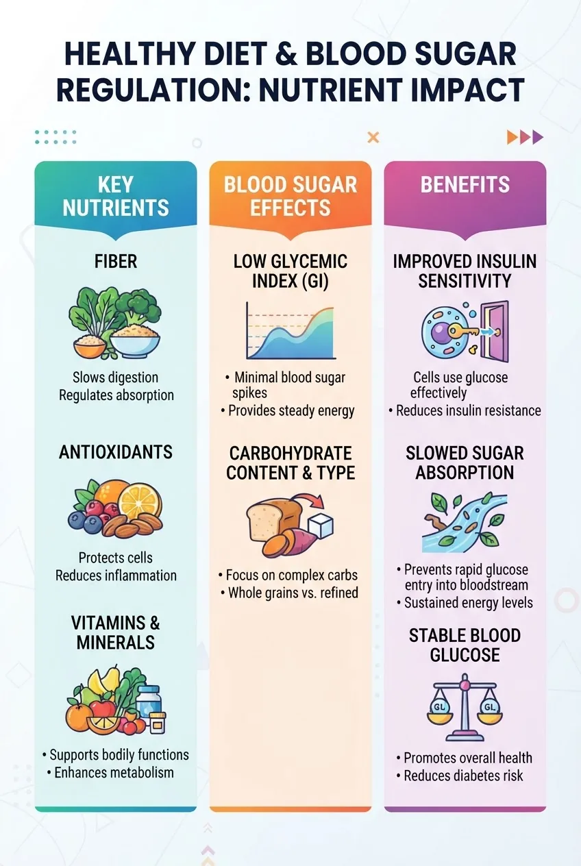 with three columns: Column 1 showing “Key Nutrients” (fiber, antioxidants, vitamins), Column 2 showing “Blood Sugar Effects” (low glycemic