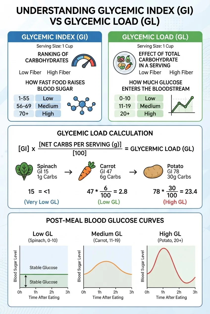 compares glycemic index versus glycemic load with three example vegetables (spinach, carrot, potato), shows calculation for glycemic load