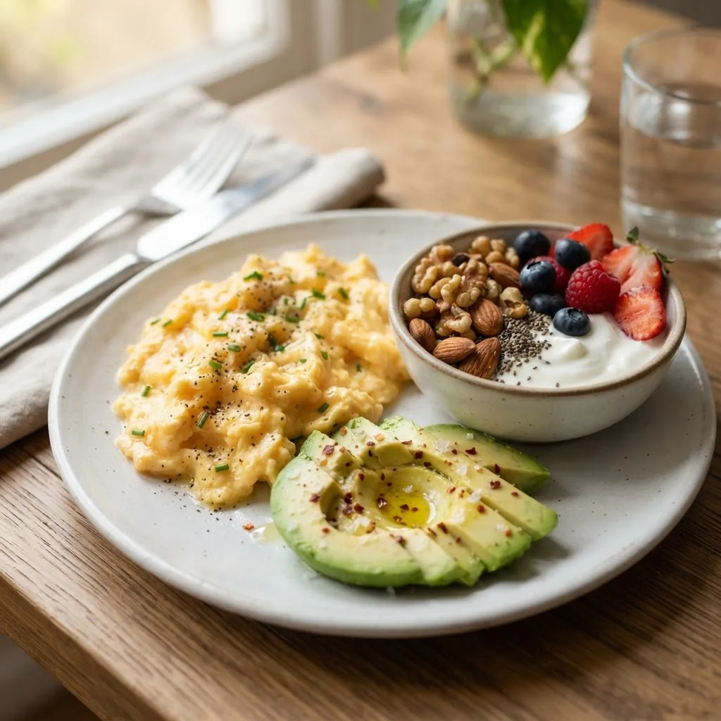 a high-protein breakfast plate with scrambled eggs, avocado slices, Greek yogurt with nuts, and fresh berries on a clean white ceramic