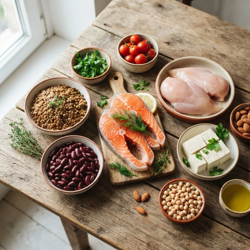 a colorful assortment of raw lean protein foods including chicken breast, salmon fillets, lentils, beans, and tofu, on a rustic wooden