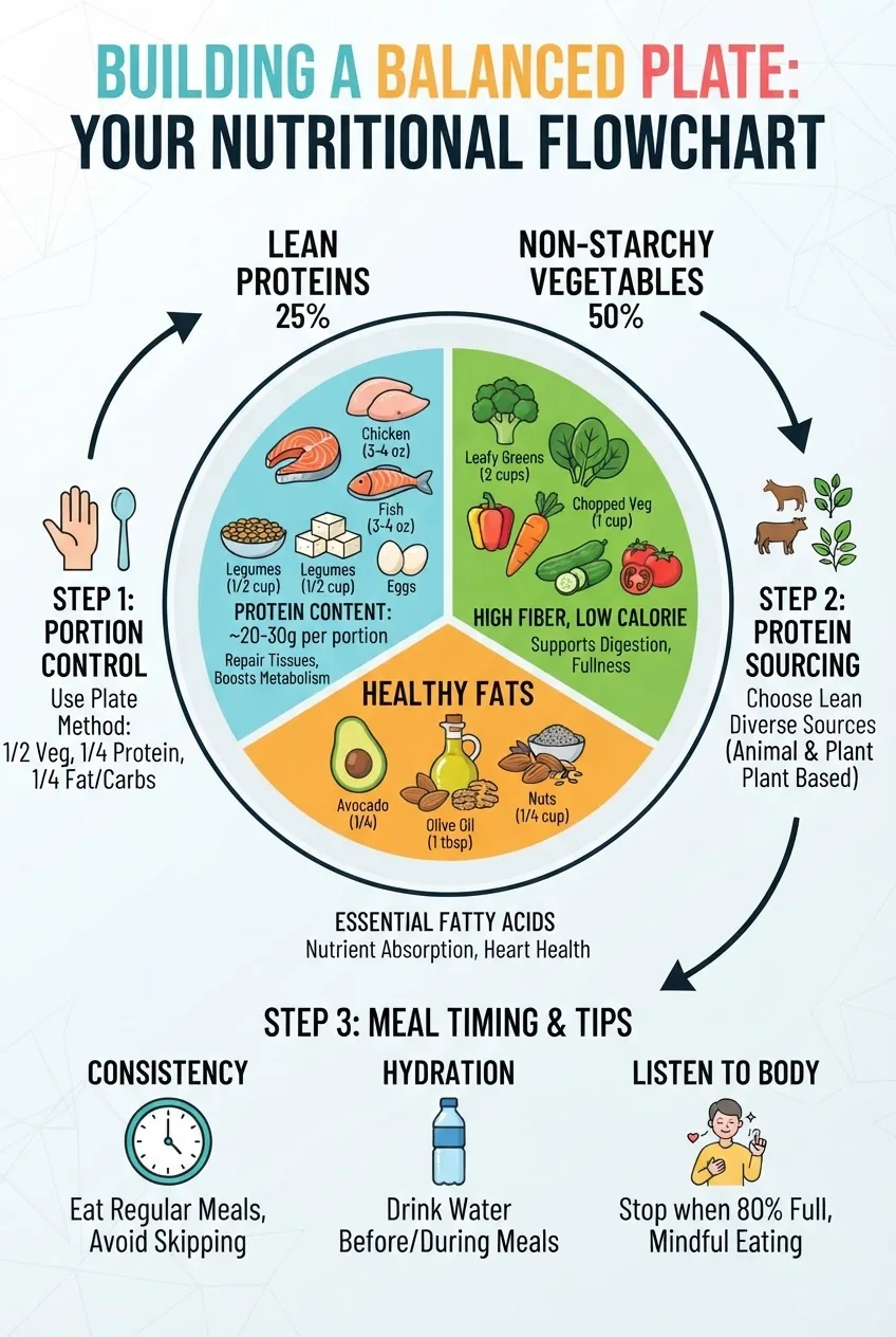 shows a balanced plate divided into sections representing lean protein sources, healthy fats, and vegetables, with icons and brief labels