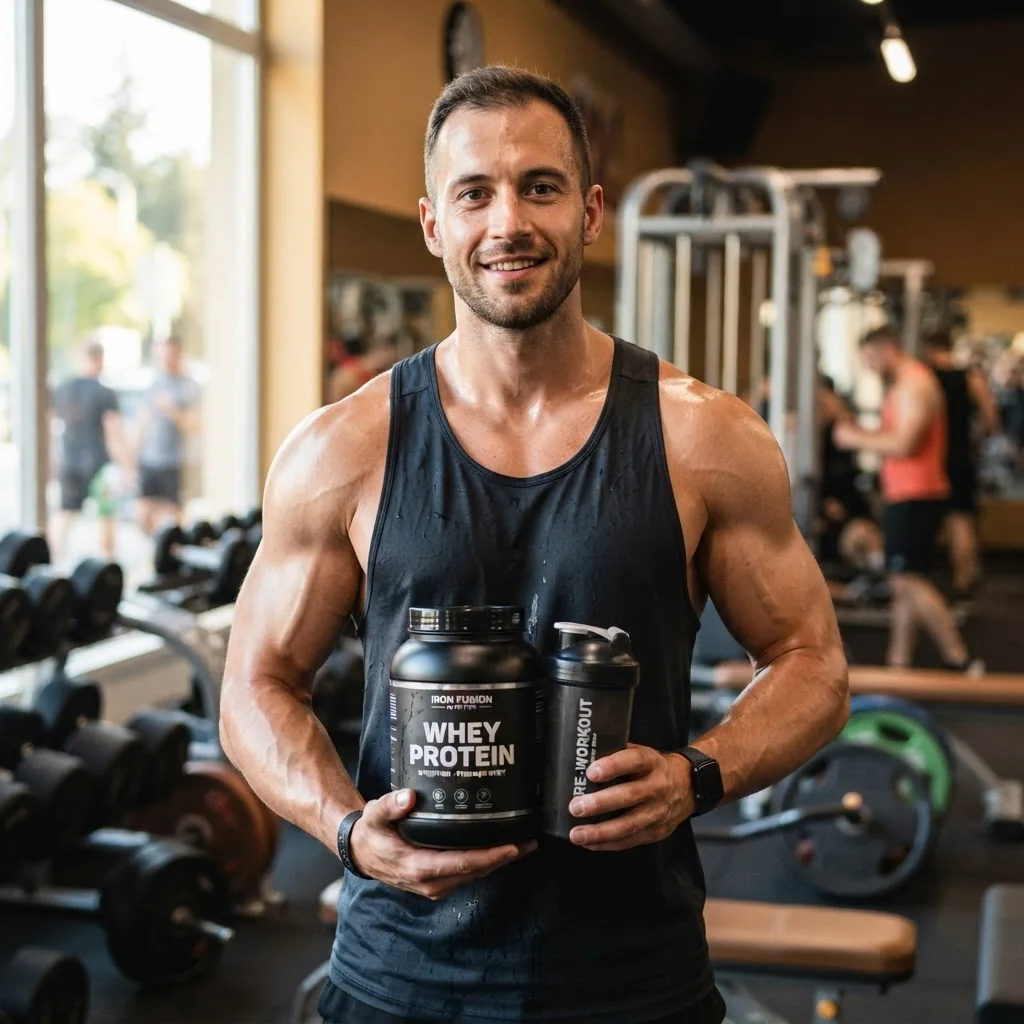 a muscular man in gym attire holding gym supplements containers, with dumbbells and workout equipment blurred in background, daylight from