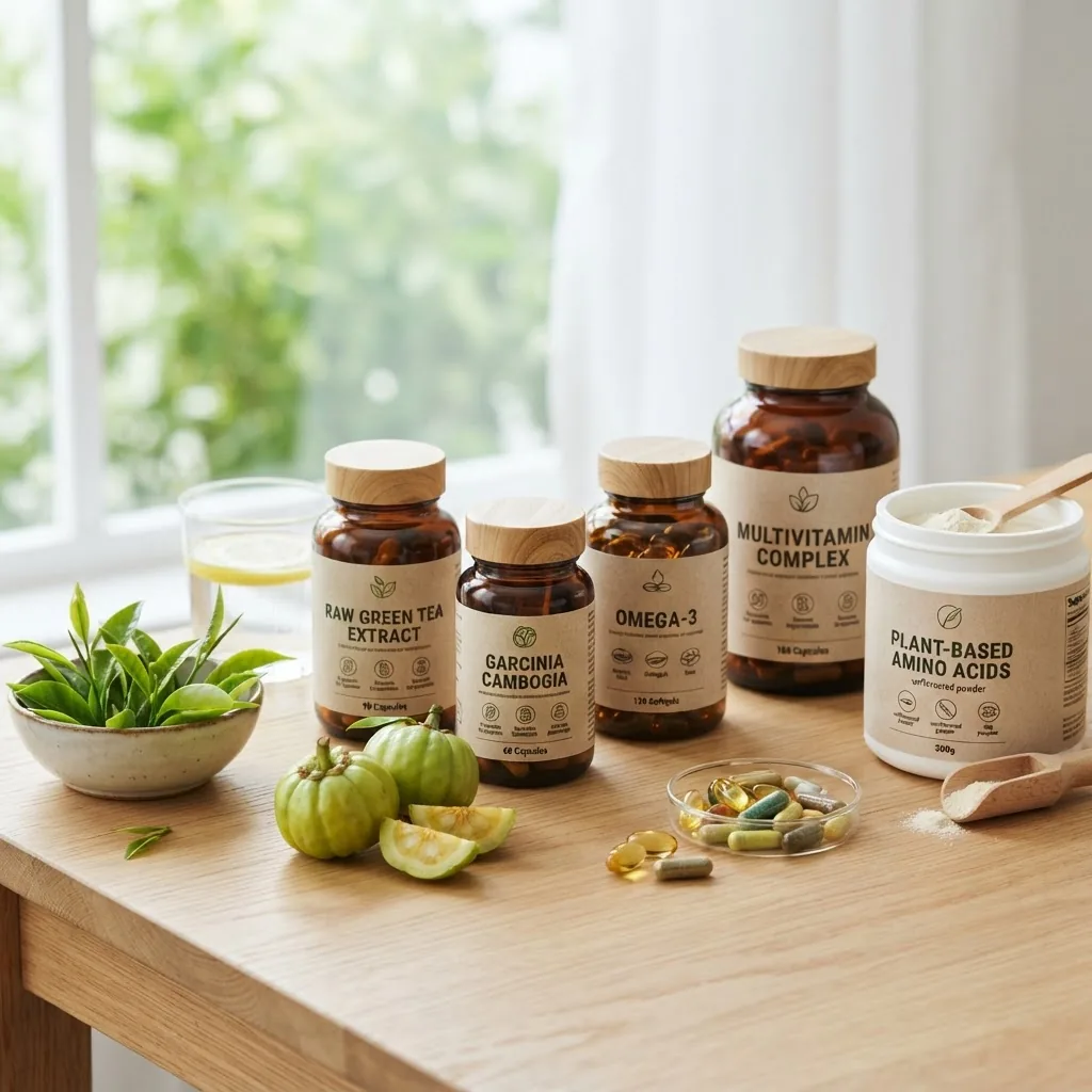 a variety of natural dietary supplement bottles and capsules arranged on a light wooden table next to fresh green tea leaves, garcinia