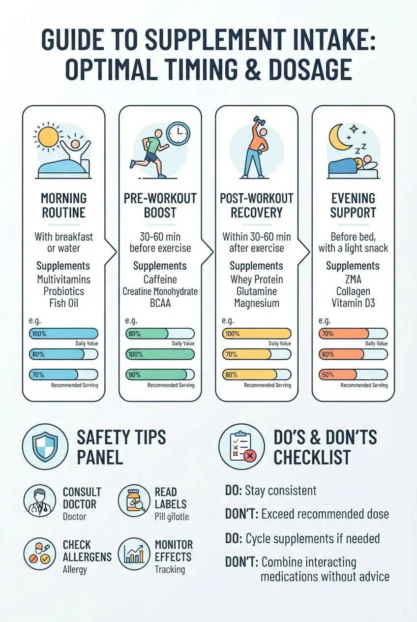 shows a step-by-step guide: timing of supplement intake (pre-workout, post-workout, morning, evening), dosage recommendations as percentage